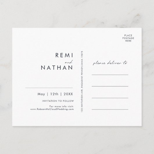 Grüne und Golddunkle Marine Save the Date Postkart Einladungspostkarte (Rückseite)