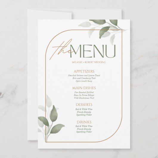Grüne und goldene ästhetische Probe, Hochzeitsmenü Einladung (Vorderseite)