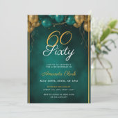 Grüne und goldene Balloons mit Rahmen 60. Geburtst Einladung (Stehend Vorderseite)