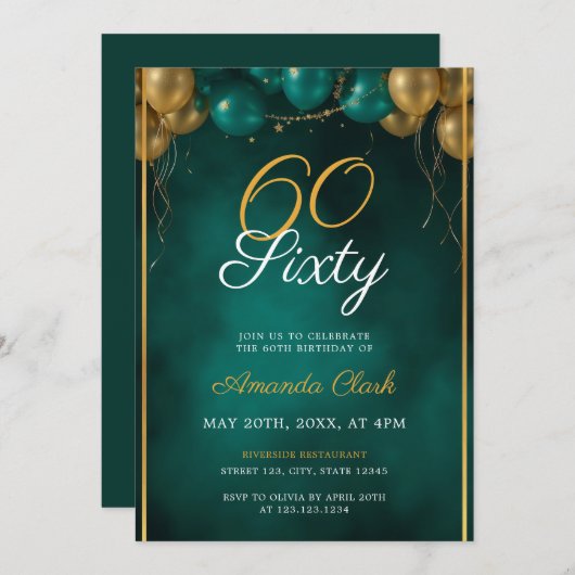 Grüne und goldene Balloons mit Rahmen 60. Geburtst Einladung (Vorne/Hinten)