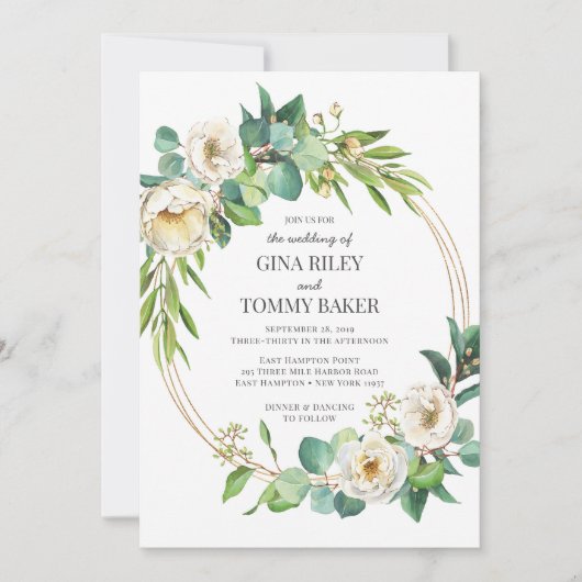 Grüne und goldene Blumen Einladung Hochzeit (Vorderseite)