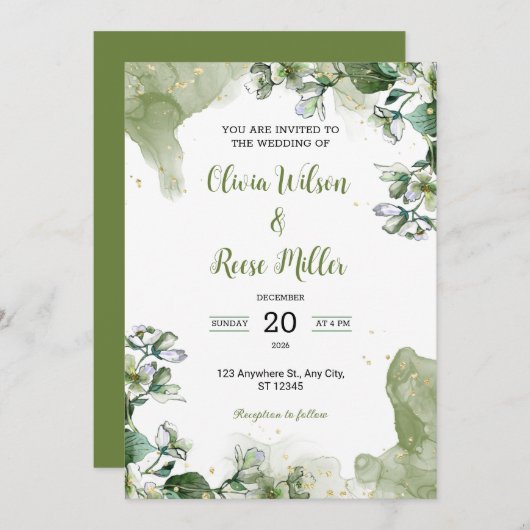 Grüne und goldene Blumen Luxus Hochzeitseinladung Einladung (Vorne/Hinten)