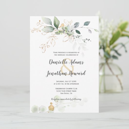 Grüne und goldene Botanicals-Gold-Glitzern Hochzei Einladung (Stehend Vorderseite)