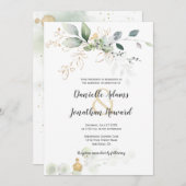 Grüne und goldene Botanicals-Gold-Glitzern Hochzei Einladung (Vorne/Hinten)