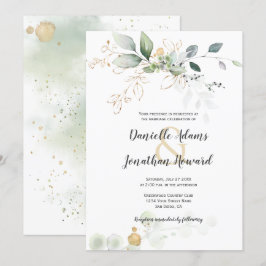 Grüne und goldene Botanicals-Gold-Glitzern Hochzei Einladung