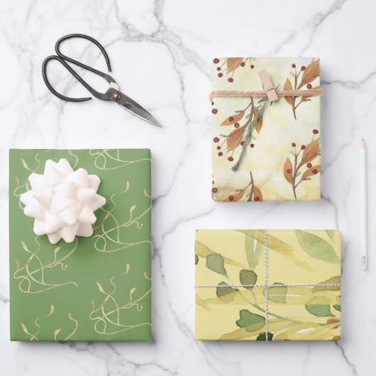 Grüne und goldene botanische Aquarellfarbe Geschenkpapier Set (Vorderseite)