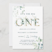 Grüne und goldene botanische Briefe zum ersten Geb Einladung (Vorderseite)