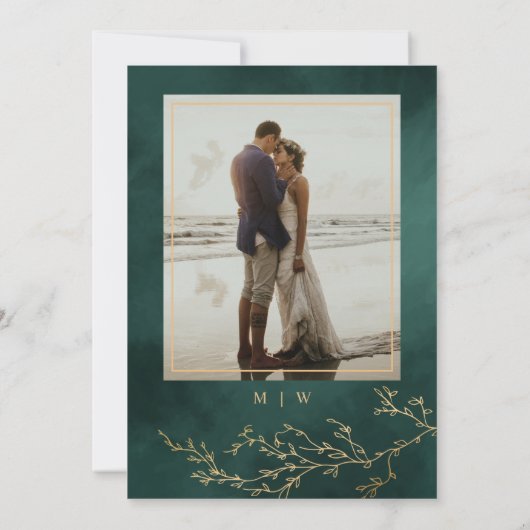 Grüne und goldene botanische Engagement-Partei Einladung (Rückseite)