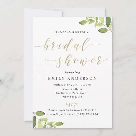 Grüne und goldene Brautdusche Einladung (Vorderseite)