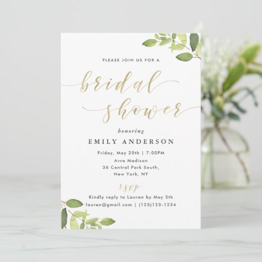 Grüne und goldene Brautdusche Einladung (Stehend Vorderseite)