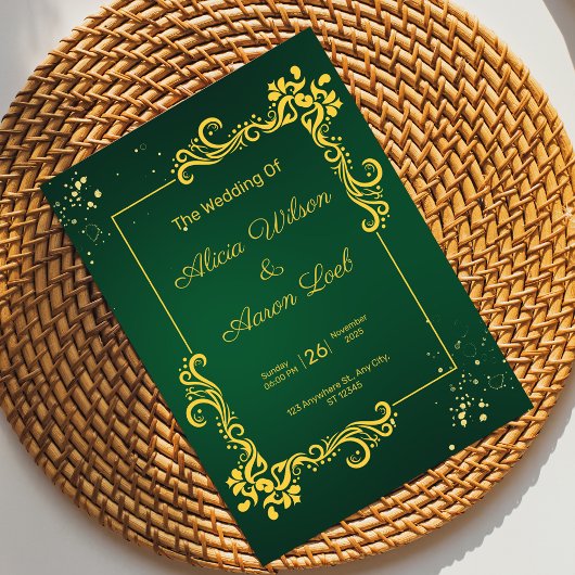 Grüne und goldene Einladung zur Hochzeit