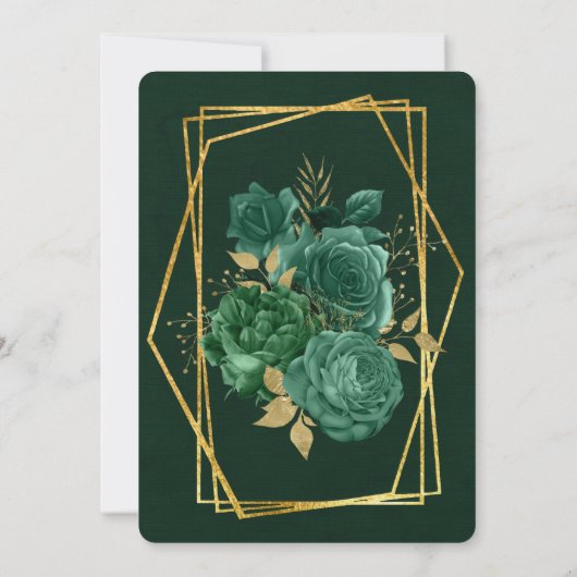 Grüne und goldene, einzigartige geometrische Hochz Einladung (Rückseite)