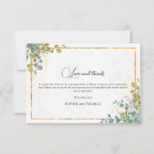 Grüne und goldene Eukalyptus-Aquarellfarbe Dankeskarte (Vorderseite)