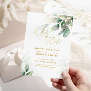 Grüne und goldene Eukalyptus-Hochzeitseinladung zu Einladung