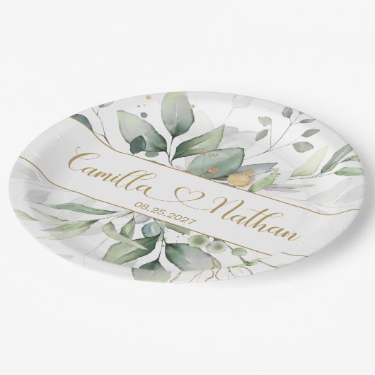 Grüne und goldene Foliage Pappteller (Schrägansicht)