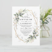 Grüne und goldene geometrische Hochzeit Einladung (Stehend Vorderseite)