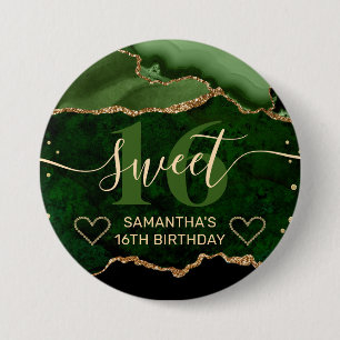 Grüne und goldene Glitter-Achat-Murmel Sweet 16 Button