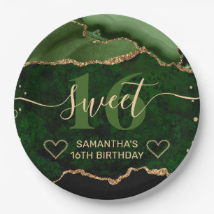 Grüne und goldene Glitter-Achat-Murmel Sweet 16 Pappteller