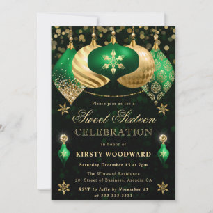 Grüne und goldene Glitter-Kugeln Sweet Sixteen Einladung