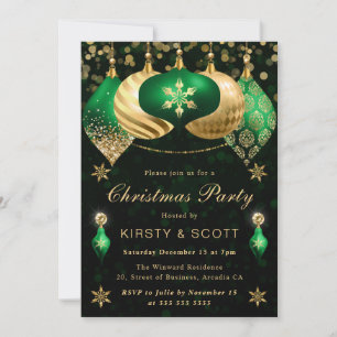 Grüne und goldene Glitter-Kugeln Weihnachtsfeier Einladung