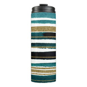 Grüne und goldene Glitzerstreifen-Tasse Thermosbecher