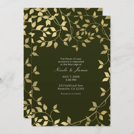 Grüne und goldene Imitate botanische Blätter Hochz Einladung (Vorne/Hinten)