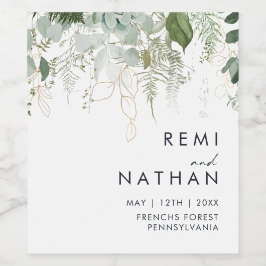 Grüne und goldene Leaf Hochzeitswein Weinetikett (Einzelnes Label)