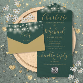 Grüne und goldene Lichterkette QR-Code Hochzeit All In One Einladung
