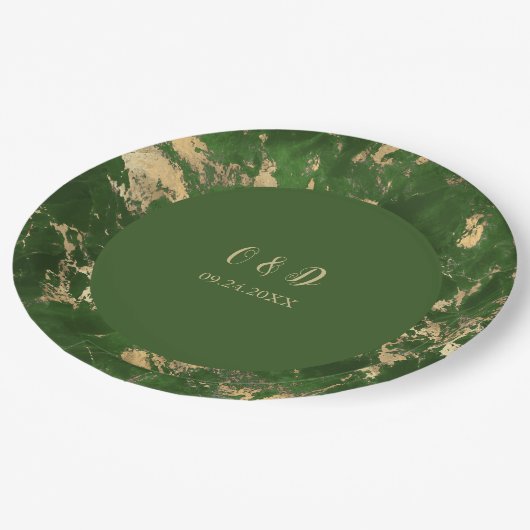 Grüne und goldene Marmorhochzeit Pappteller (Schrägansicht)