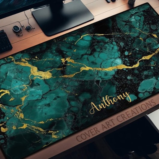 Grüne und goldene Marmortextur Personalisiert Schreibtischunterlage
