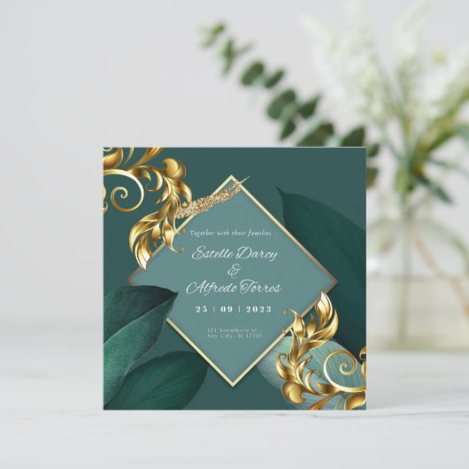 Grüne und goldene, moderne virtuelle Hochzeitsfeie Einladung (Stehend Vorderseite)