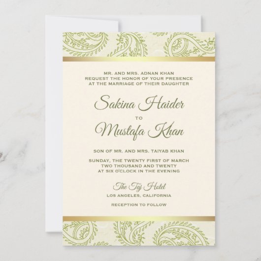 Grüne und goldene Paisley Islamische Hochzeit Einladung (Rückseite)