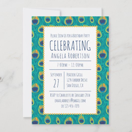 Grüne und goldene Pfau Geburtstag Einladung (Vorderseite)