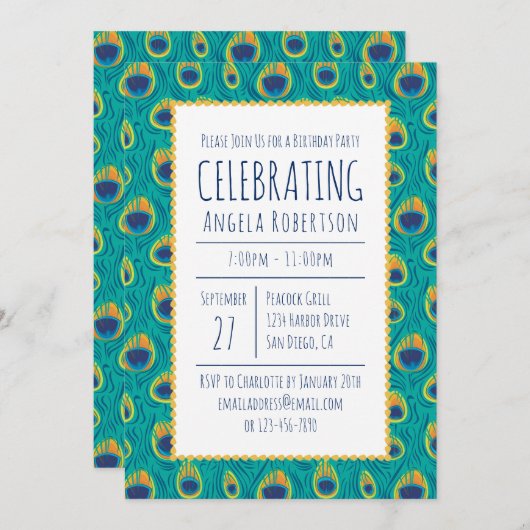 Grüne und goldene Pfau Geburtstag Einladung (Vorne/Hinten)