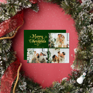 Grüne und goldene Retro-Weihnachts-Familienfoto-Co Folien Feiertagskarte
