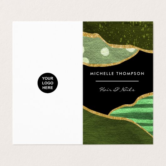 Grüne und goldene Stoffe Visitenkarten (Außenseite Aufgefaltet)