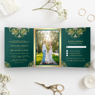 Grüne und goldene traditionelle Mandala-Indische H Dreifach Gefaltete Einladung