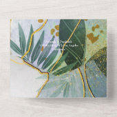 Grüne und goldene tropische Hochzeit All In One Einladung (Rückseite)