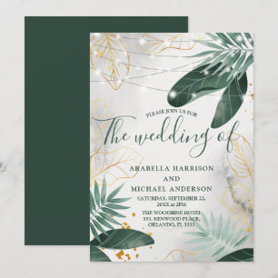 Grüne und goldene tropische Hochzeit Einladung