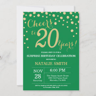 Grüne und goldene Überraschung zum 20. Geburtstag Einladung