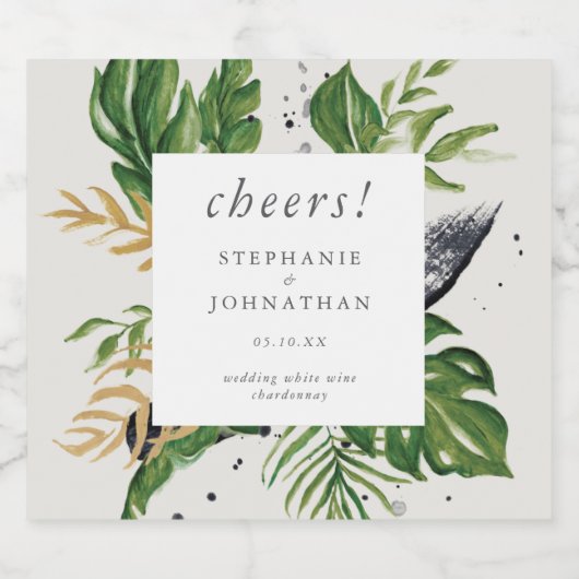 Grüne und goldene Watercolor Tropische Hochzeitsfe Schaumweinetikett (Einzelnes Label)