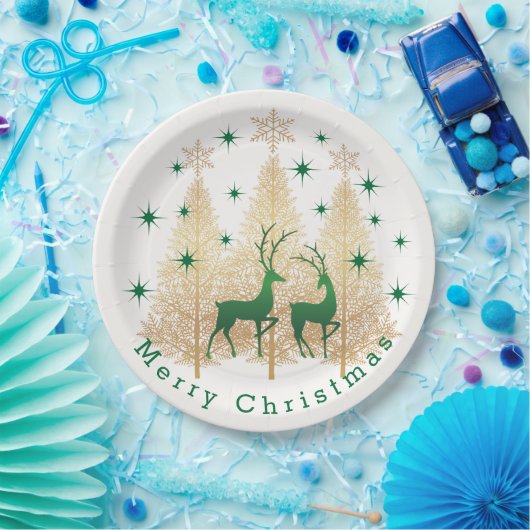 Grüne und goldene Weihnachtsbaume, Rentiere, Schne Pappteller (Party)