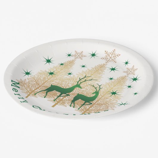 Grüne und goldene Weihnachtsbaume, Rentiere, Schne Pappteller (Schrägansicht)