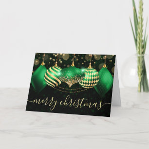 Grüne und goldene Weihnachtskugeln Ornamente Feiertagskarte