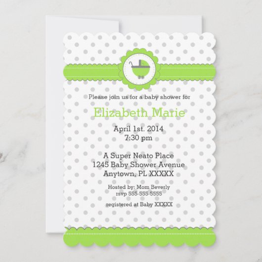 Grüne und graue Polka-Punkte - Kinderdusche Einladung (Vorderseite)