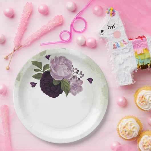 Grüne und helle violette Blumen Pappteller (Party)