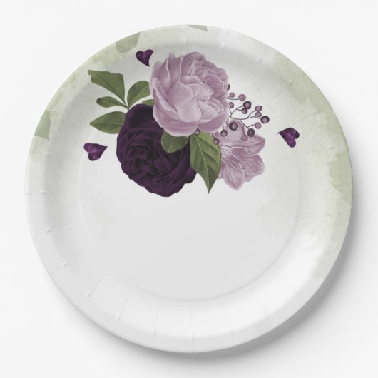 Grüne und helle violette Blumen Pappteller (Vorderseite)