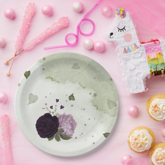 Grüne und helle violette Blumen Pappteller (Party)