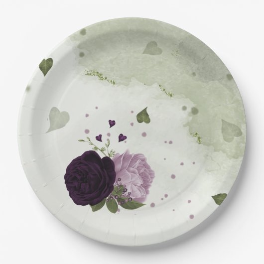 Grüne und helle violette Blumen Pappteller (Vorderseite)