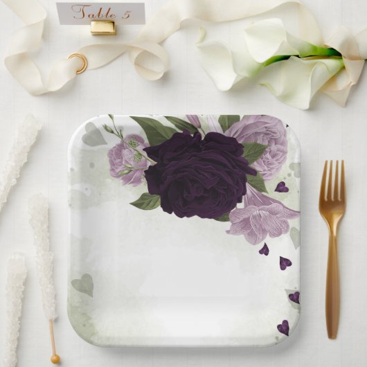 Grüne und helle violette Blumen Pappteller (Hochzeit)